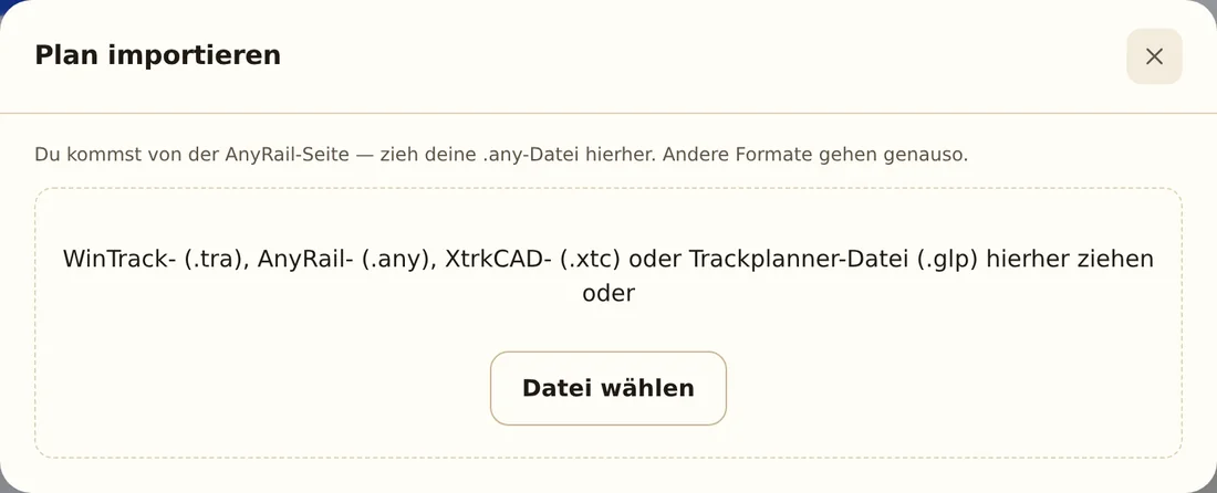 Der Import-Dialog mit der Ablage-Fläche und den vier Dateiendungen