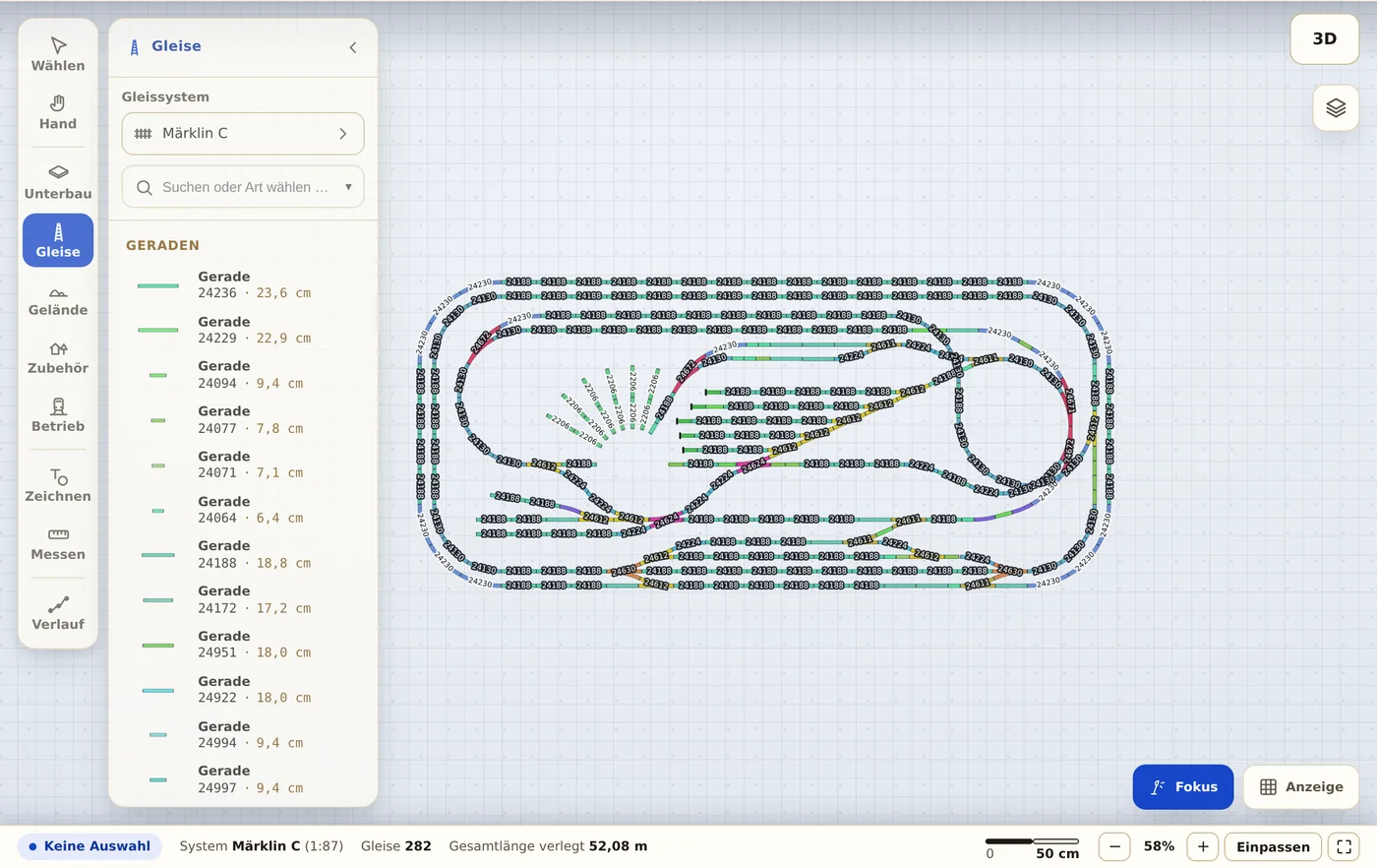 Ein importierter Gleisplan im Trackplanner-Editor, mit Gleisliste und Artikelnummern