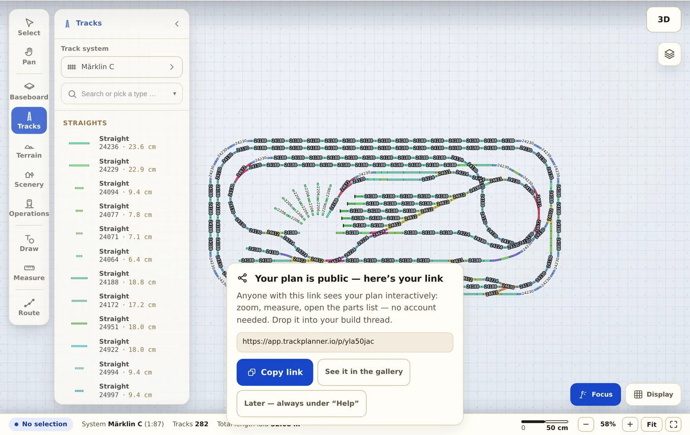 The editor after the import, showing the card “Your plan is public — here’s your link”