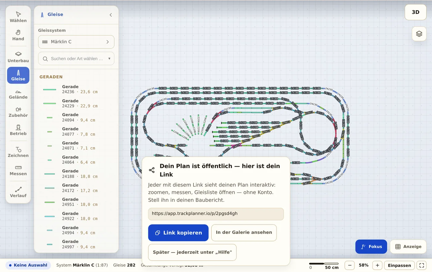 Der Editor nach dem Import, mit der Karte „Dein Plan ist öffentlich — hier ist dein Link"