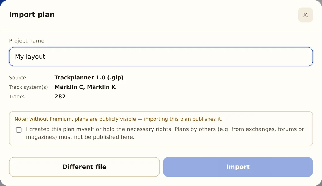 The import preview: recognised track system, number of tracks and the author confirmation
