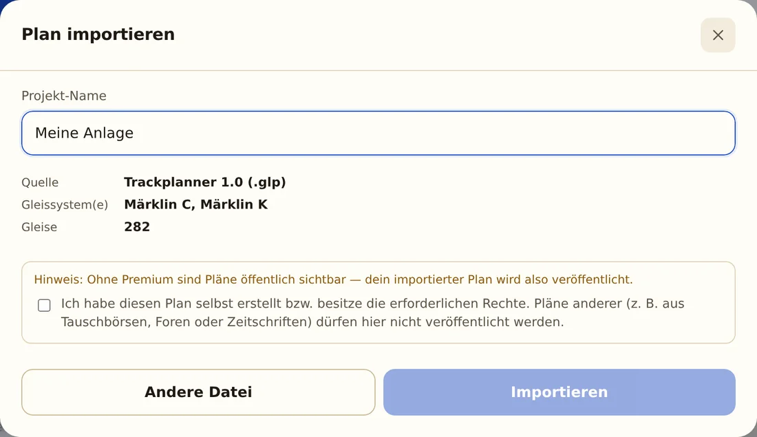 Die Import-Vorschau: erkanntes Gleissystem, Zahl der Gleise und die Bestätigung, dass der Plan vom Nutzer stammt