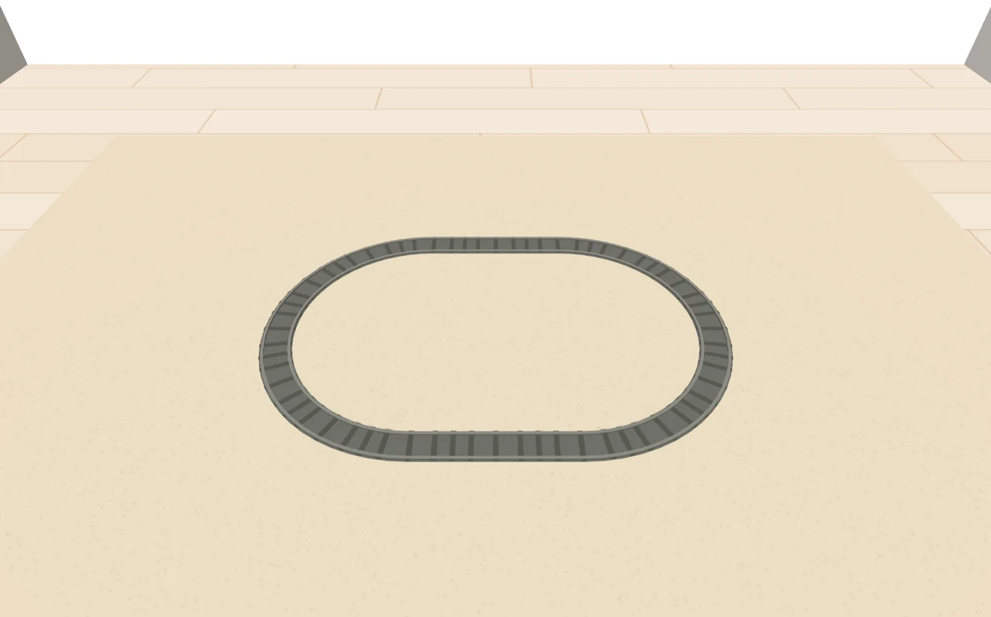 Ein Oval aus LEGO® DUPLO® Schienen, auf einem Teppich im Kinderzimmer, in der 3D-Ansicht von Trackplanner Kids.