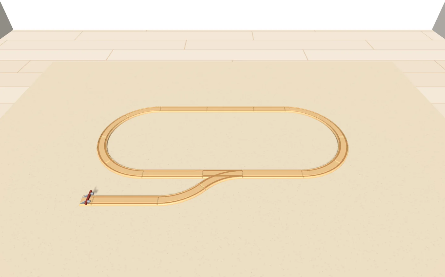 Ein Oval aus Holzschienen mit Abzweig und Abstellgleis bis zum Prellbock, auf einem Teppich im Kinderzimmer, in der 3D-Ansicht von Trackplanner Kids.