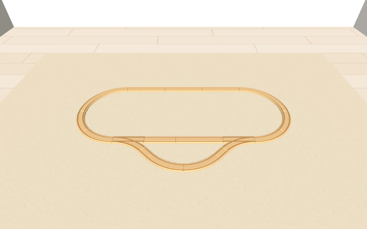 Ein Oval aus Holzschienen mit einem zweiten Gleis als Bahnhof, auf einem Teppich im Kinderzimmer, in der 3D-Ansicht von Trackplanner Kids.