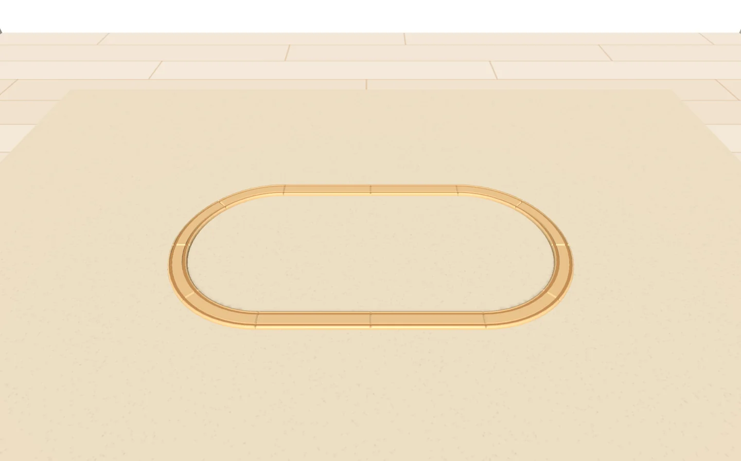 Ein Oval aus Holzschienen: Geraden im Standardmaß, Kurven von BRIO®, auf einem Teppich im Kinderzimmer, in der 3D-Ansicht von Trackplanner Kids.