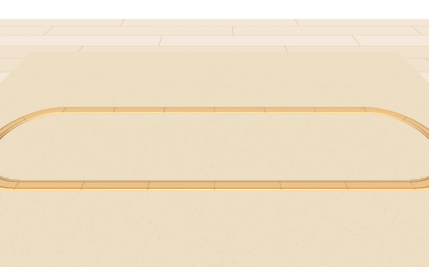 Ein langes, schmales Oval aus Holzschienen, auf einem Teppich im Kinderzimmer, in der 3D-Ansicht von Trackplanner Kids.