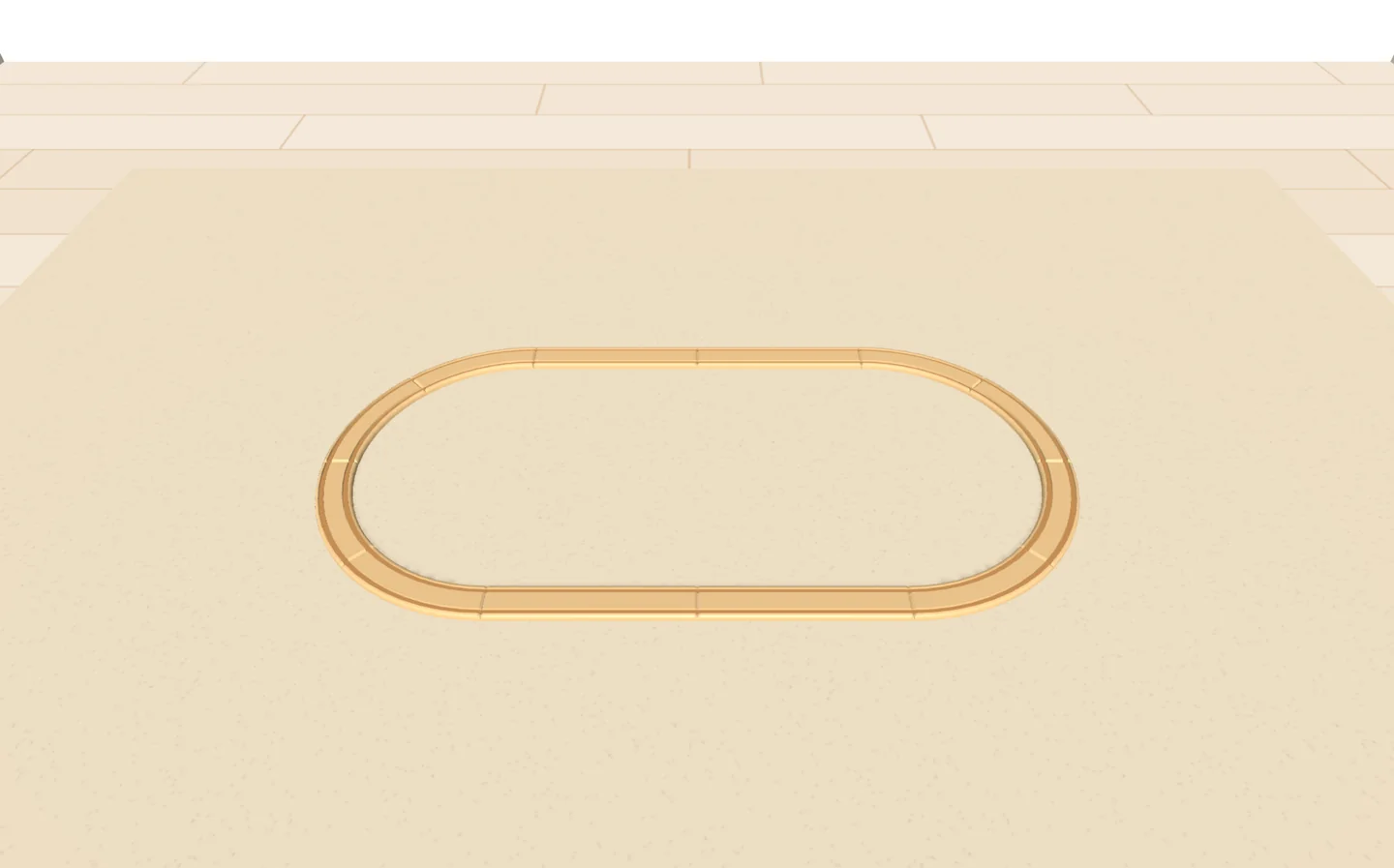 Ein Oval aus Holzschienen mit je zwei Geraden an den langen Seiten, auf einem Teppich im Kinderzimmer, in der 3D-Ansicht von Trackplanner Kids.