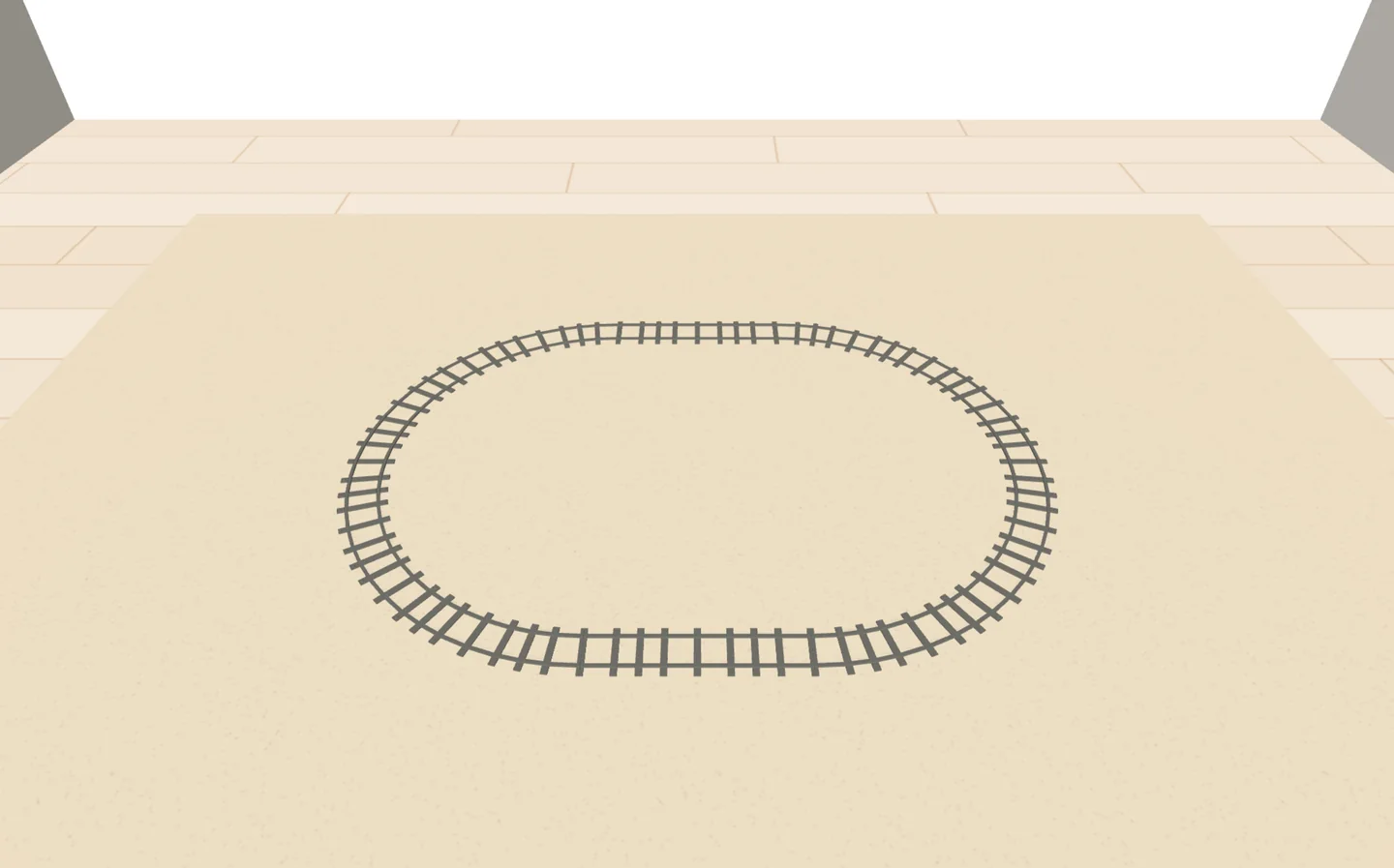 Ein Oval aus LEGO® City Schienen, auf einem Teppich im Kinderzimmer, in der 3D-Ansicht von Trackplanner Kids.