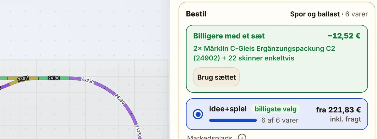 Byggeplanen med afsnittet »Bestil«: øverst oplysningen om, at to udvidelsessæt er billigere, nedenunder den billigste forhandler med samlet pris inklusive fragt.
