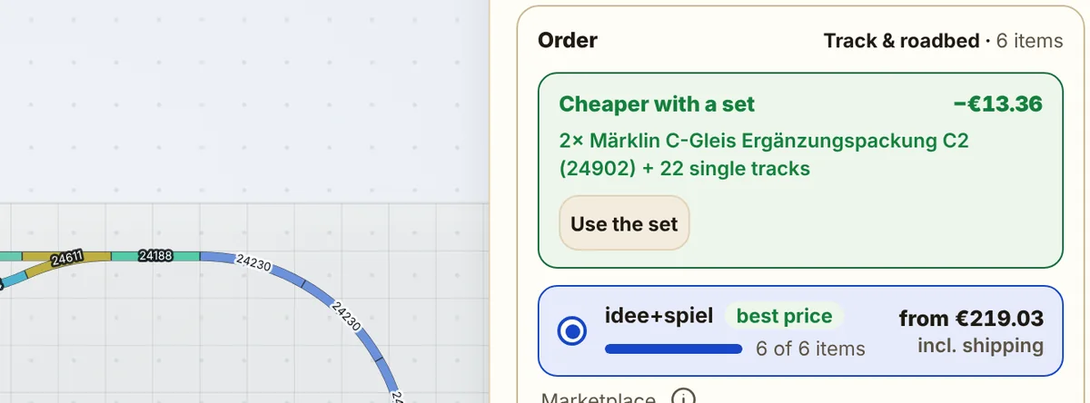 The build plan’s order section: at the top a note that two extension sets are cheaper, below it the cheapest retailer with the total price including shipping.
