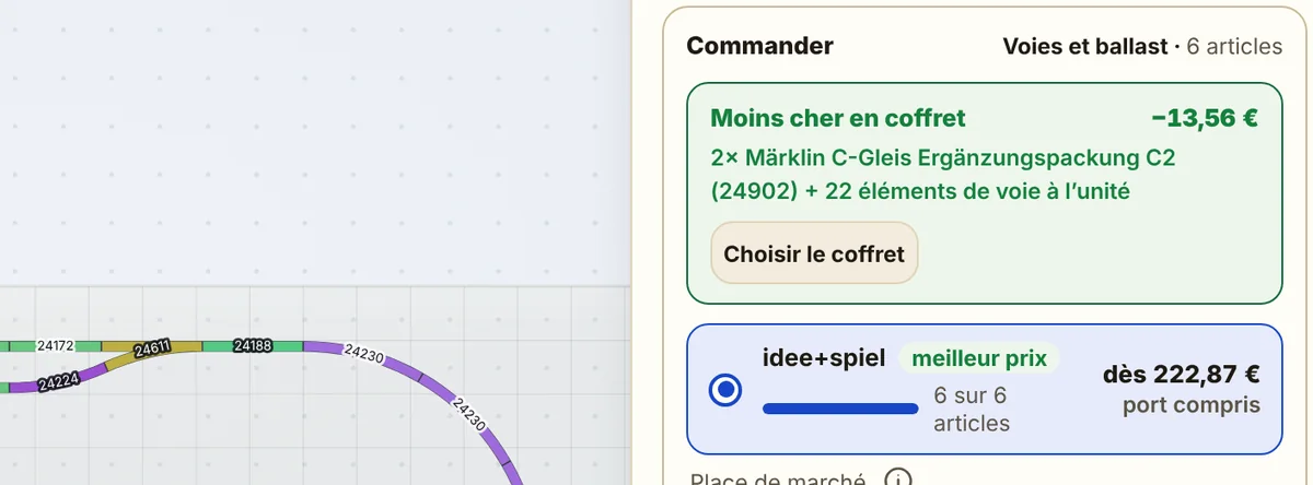 Le programme de construction avec la section « Commander » : en haut, l’indication que deux coffrets de complément reviennent moins cher ; en dessous, le revendeur le moins cher avec le prix total, port compris.