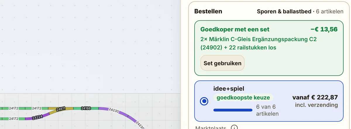 Het bouwplan met het onderdeel ‘Bestellen’: bovenaan de melding dat twee uitbreidingssets goedkoper zijn, daaronder de voordeligste winkel met totaalprijs inclusief verzending.