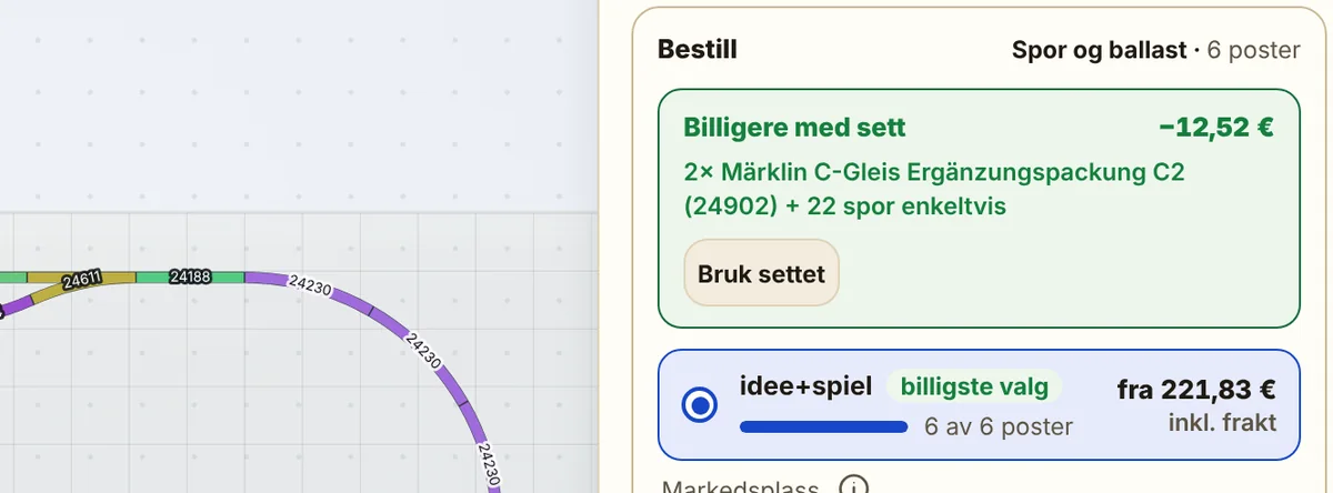 Byggeplanen med delen «Bestill»: øverst merknaden om at to utvidelsessett er billigere, og nedenfor den billigste forhandleren med totalpris inkludert frakt.