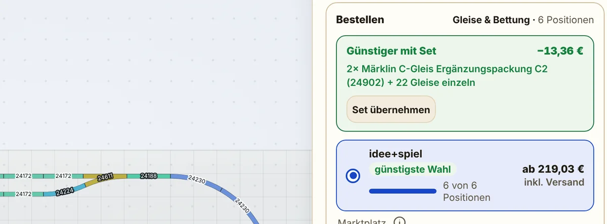 Der Bauplan mit dem Abschnitt „Bestellen“: oben der Hinweis, dass zwei Ergänzungspackungen günstiger sind, darunter der günstigste Händler mit Gesamtpreis inklusive Versand.