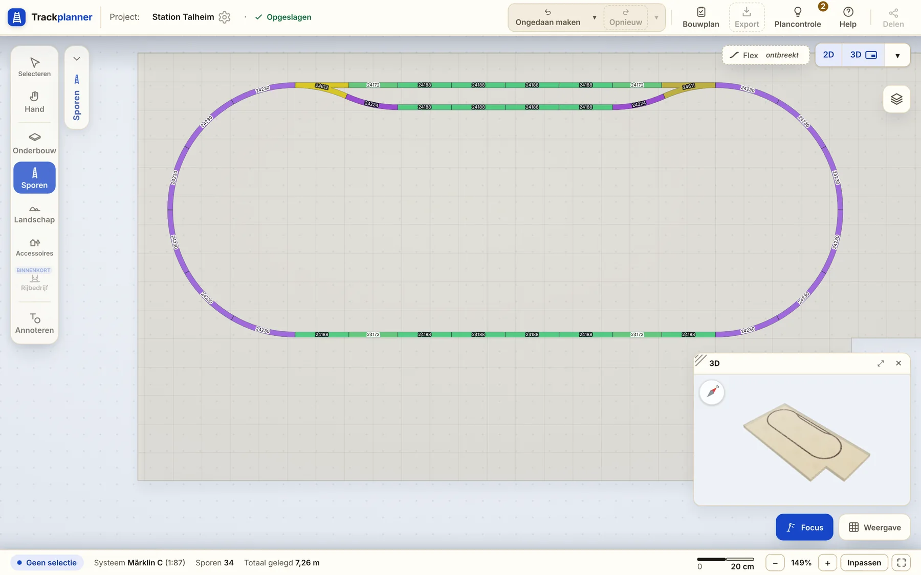 De editor van Trackplanner met een dubbelsporig station in Märklin C: gereedschapsbalk links, baanplan met artikelnummers, 3D-voorbeeld rechtsonder.