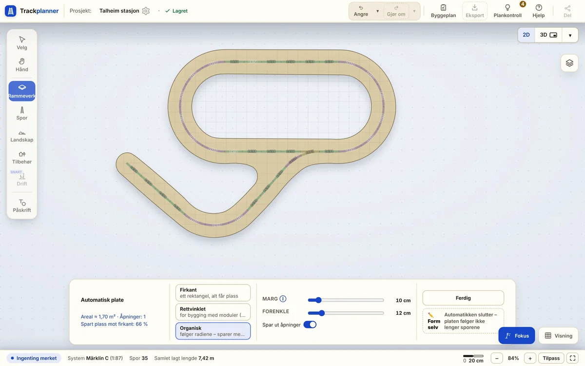 En automatisk formet anleggsplate følger en oval med en strekning som tar av, og under den vises kortet «Automatisk plate» med formene «Firkant», «Rettvinklet» og «Organisk».