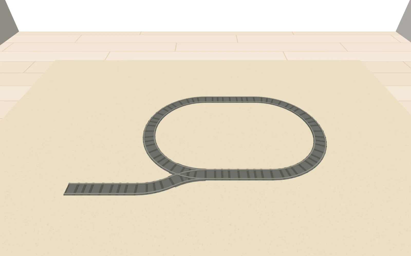 Ein Oval aus LEGO® DUPLO® Schienen mit einer Weiche und einem Abstellgleis auf einem Teppich im Kinderzimmer, in der 3D-Ansicht von Trackplanner Kids