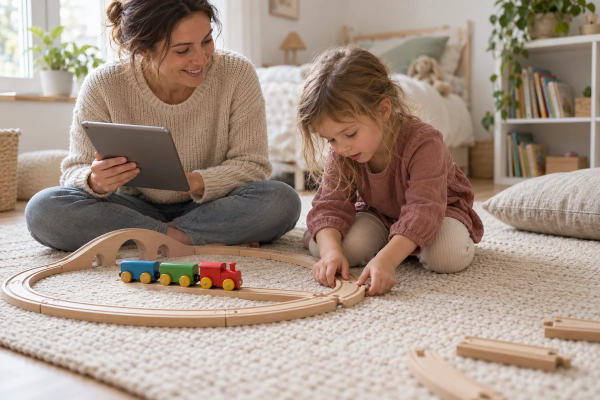 Sur le tapis, une fillette ajoute une courbe à une ligne en bois à moitié construite. Sa mère est assise à côté d’elle, une tablette à la main.