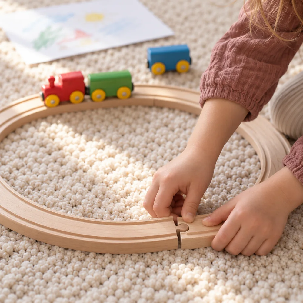 Des mains d’enfant emboîtent la dernière courbe d’une ligne en bois.