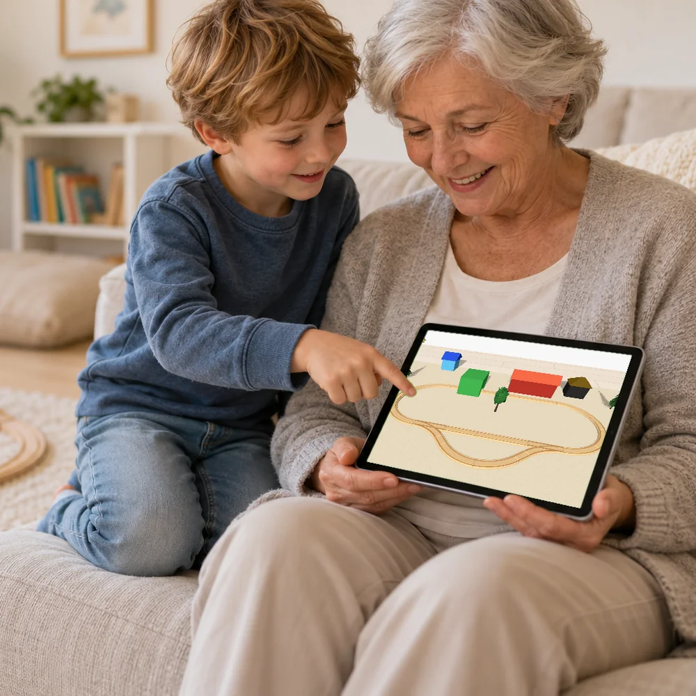 Sur la tablette, un garçon montre à sa grand-mère la ligne qu’il a préparée.