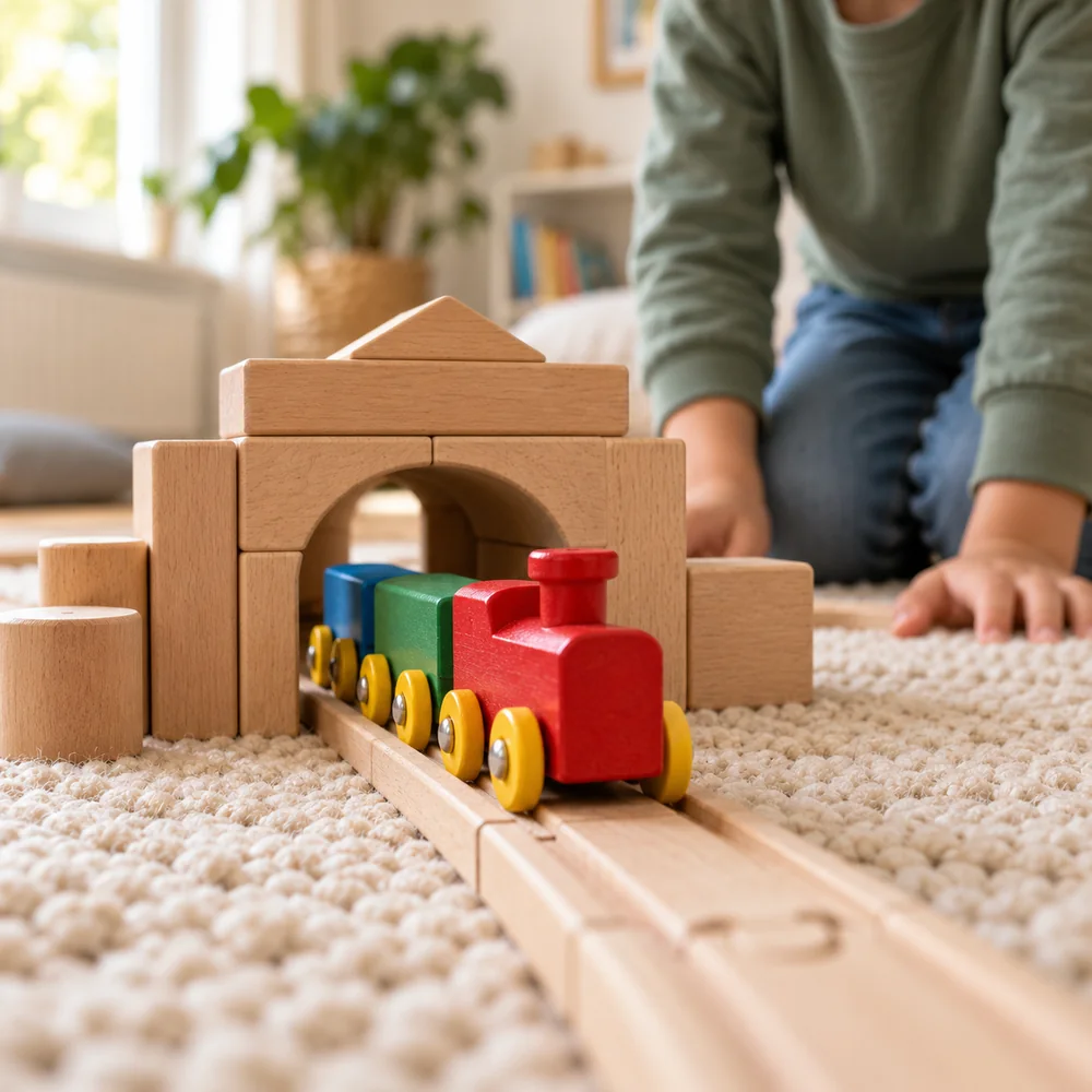 Une loco rouge en bois sort d’un tunnel fait de cubes.