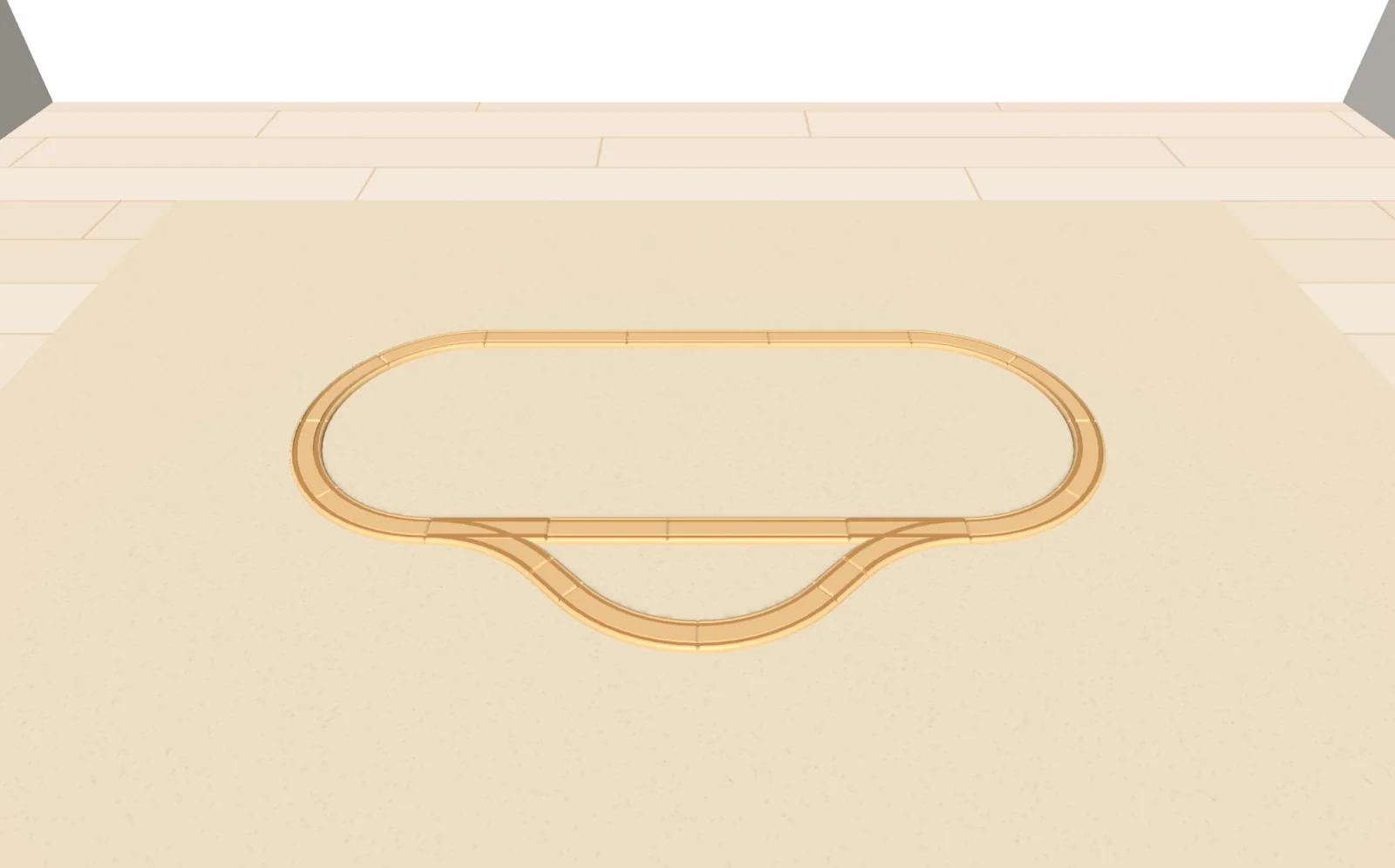 Ein Oval aus Holzschienen mit einem zweiten Gleis als Bahnhof auf einem Teppich im Kinderzimmer, in der 3D-Ansicht von Trackplanner Kids