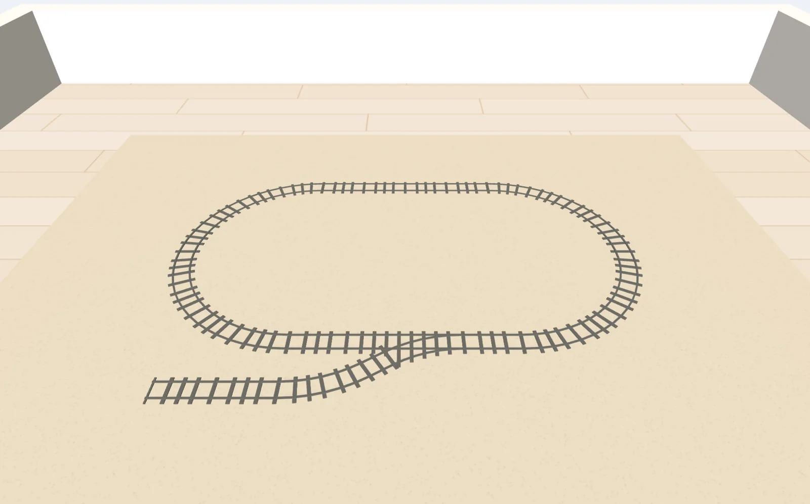 Ein Oval aus LEGO® City Schienen mit einer Weiche und einem Abstellgleis auf einem Teppich im Kinderzimmer, in der 3D-Ansicht von Trackplanner Kids