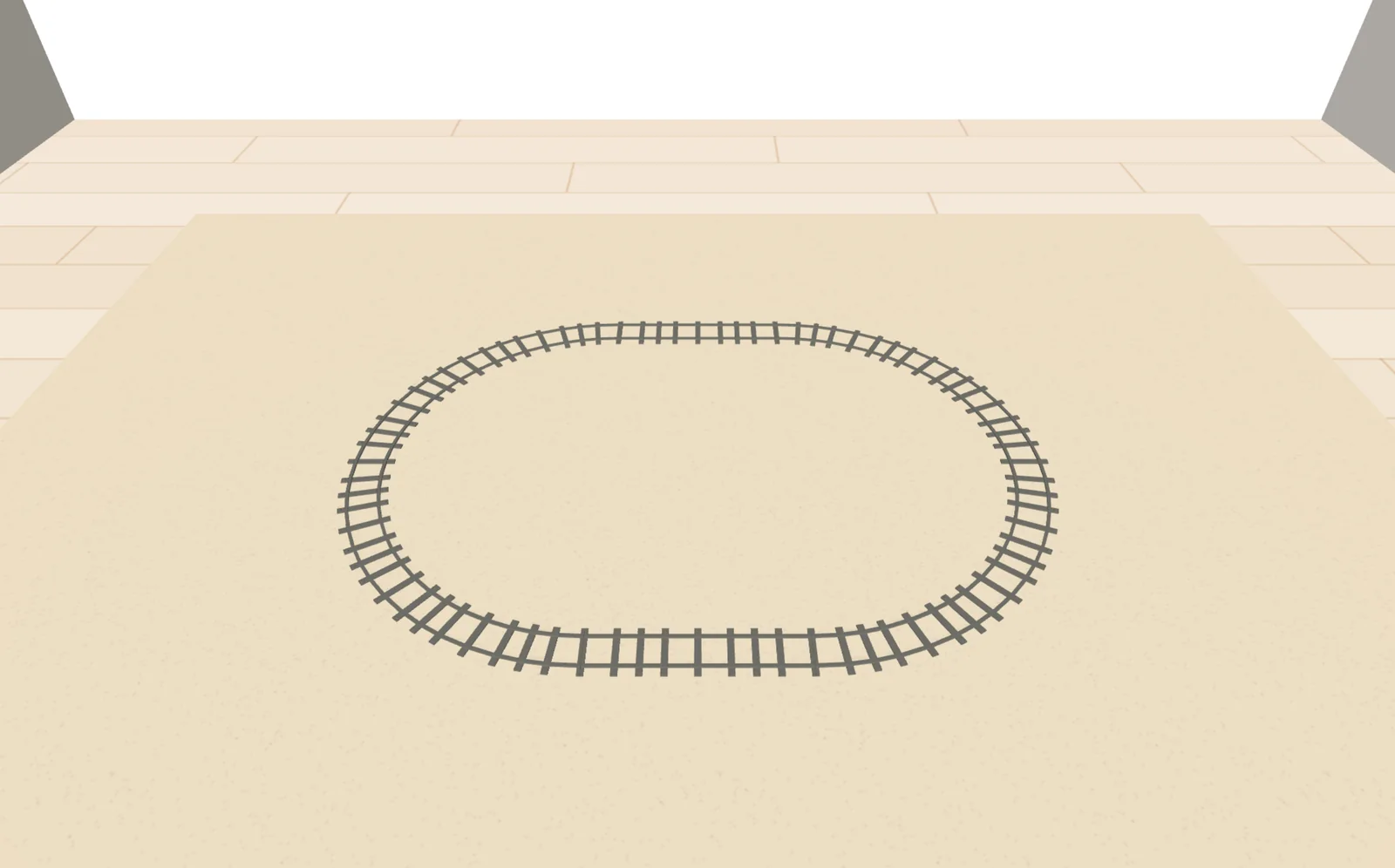 Ein Oval aus LEGO® City Schienen auf einem Teppich im Kinderzimmer, in der 3D-Ansicht von Trackplanner Kids
