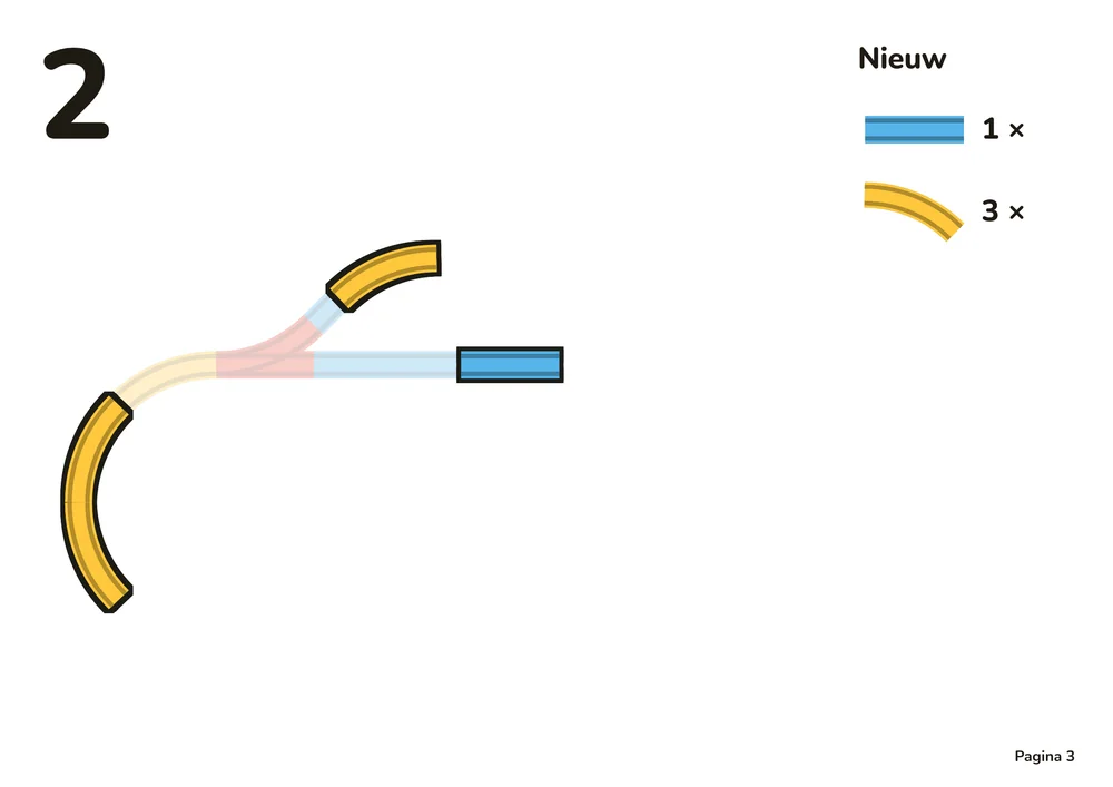 Een stap uit de bouwinstructie: de nieuwe rails zijn in kleur, de rails die al liggen zijn lichter