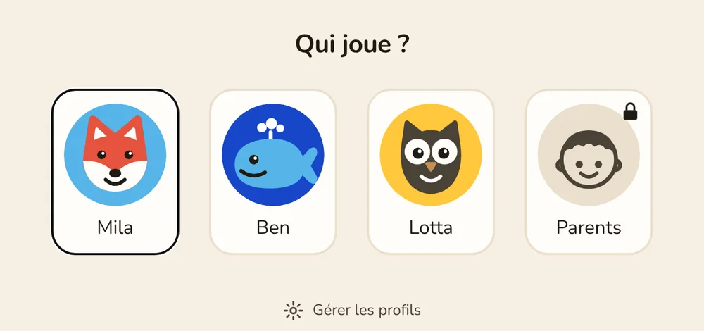 « Qui joue ? » : trois profils enfants avec des images d’animaux et la vignette des parents avec un cadenas