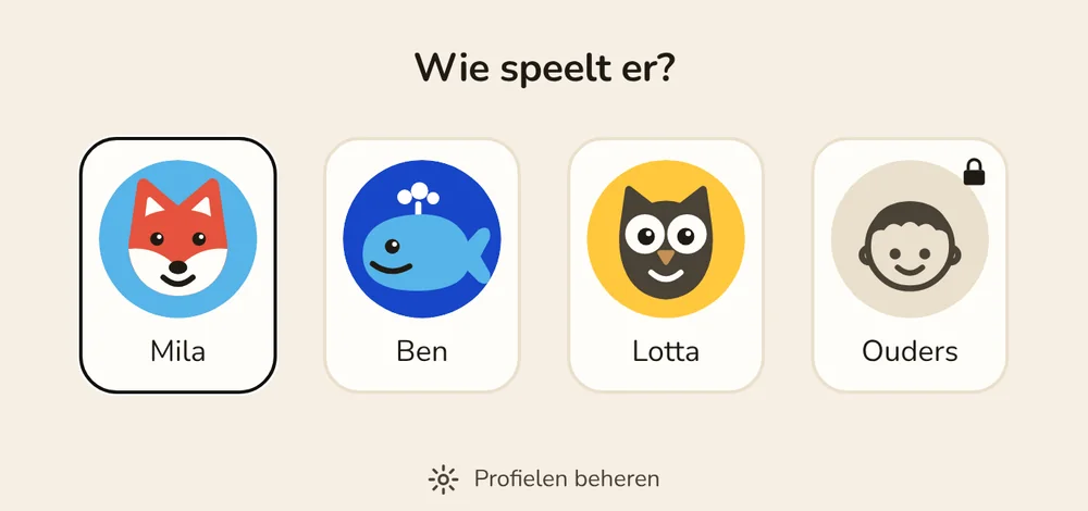 ‘Wie speelt er?’: drie kinderprofielen met dierenplaatjes en de tegel voor de ouders, met een slot erop