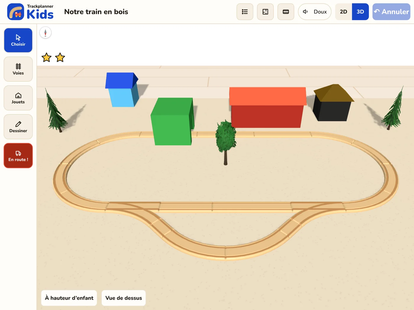 La ligne en bois en 3D sur le tapis, vue à hauteur des yeux d’un enfant