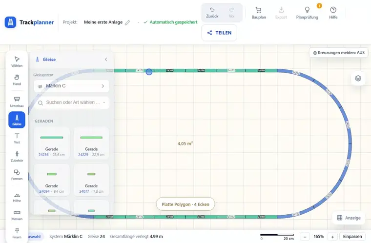 Animation: Gerade neben die Strecke schieben — sie rastet parallel im System-Abstand ein