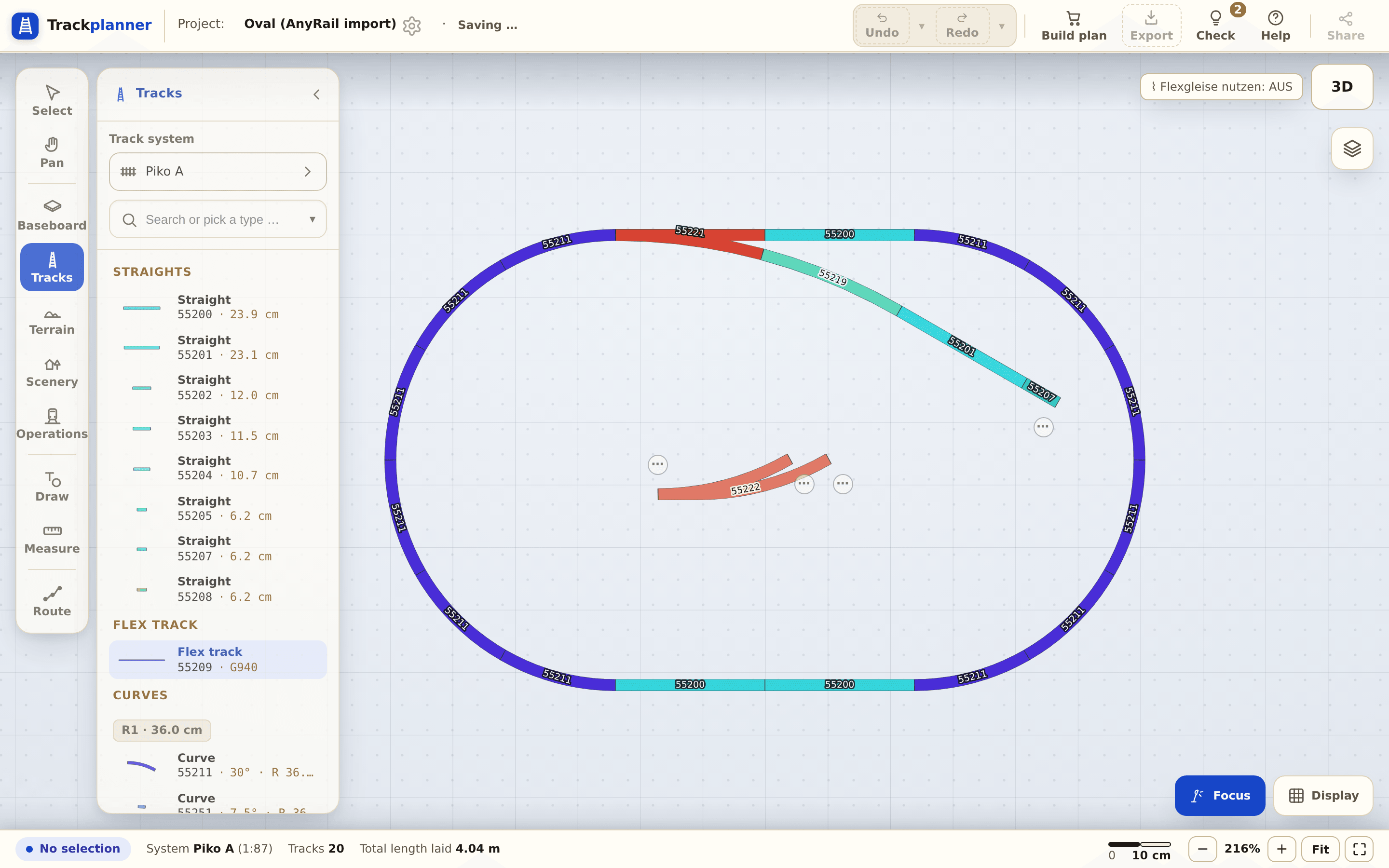 The imported plan — the track system is recognised automatically