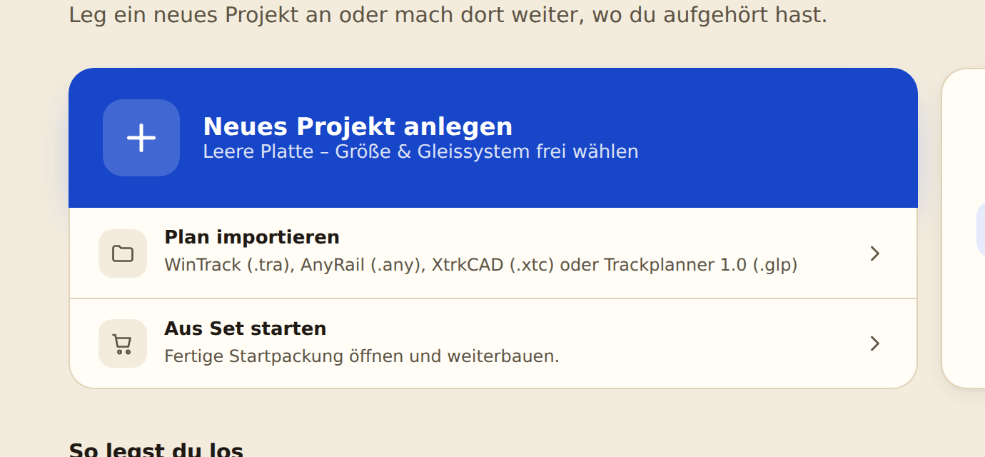 Auf der Startseite: „Plan importieren" unter „Neues Projekt anlegen"