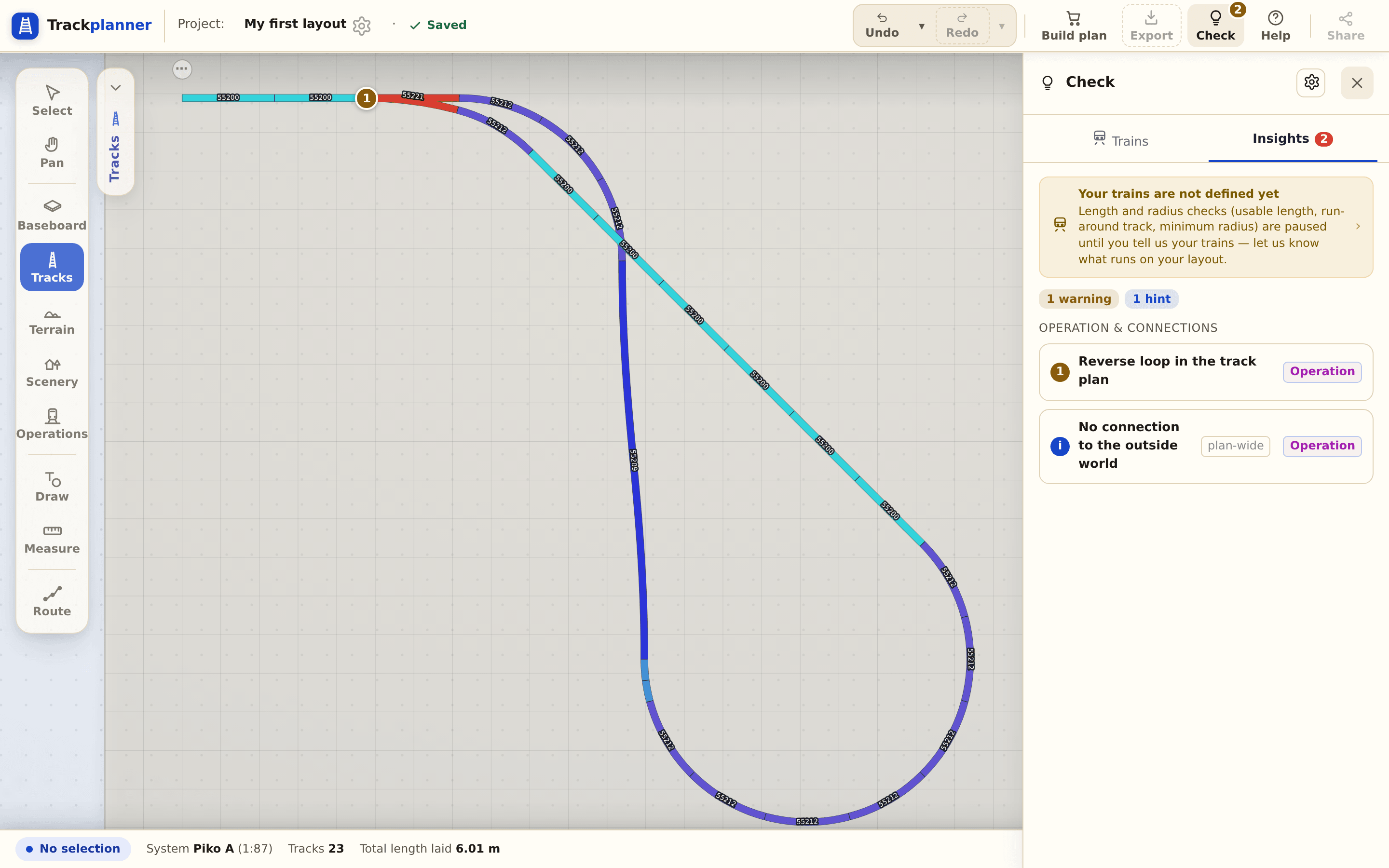 A closed reversing loop, flagged in the plan check