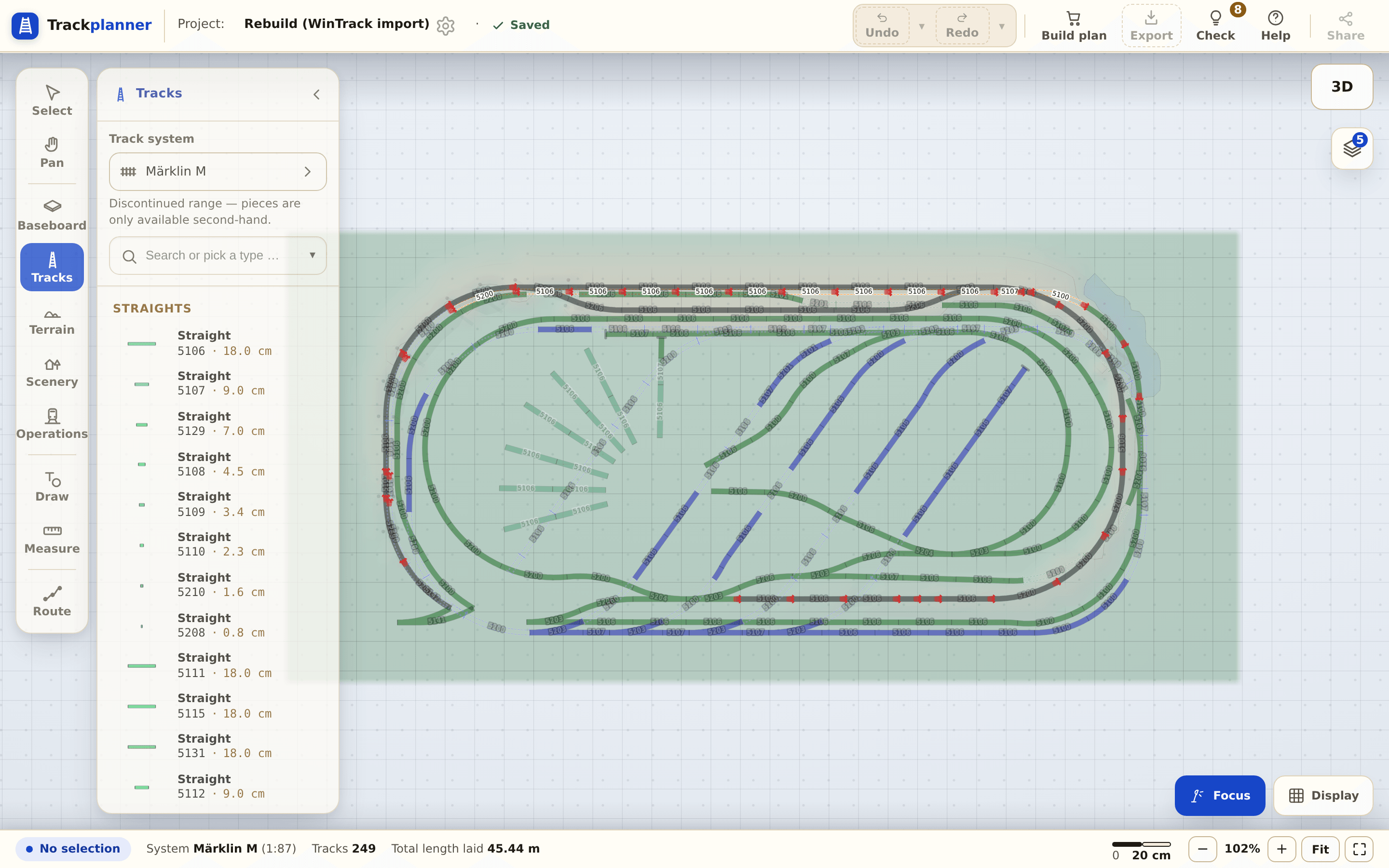 The imported plan — the track system is recognised automatically