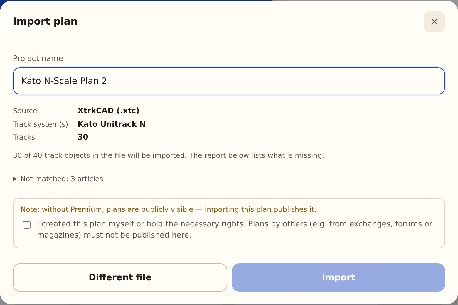 The import preview — system recognised, 30 of 40 track objects in the file will be imported