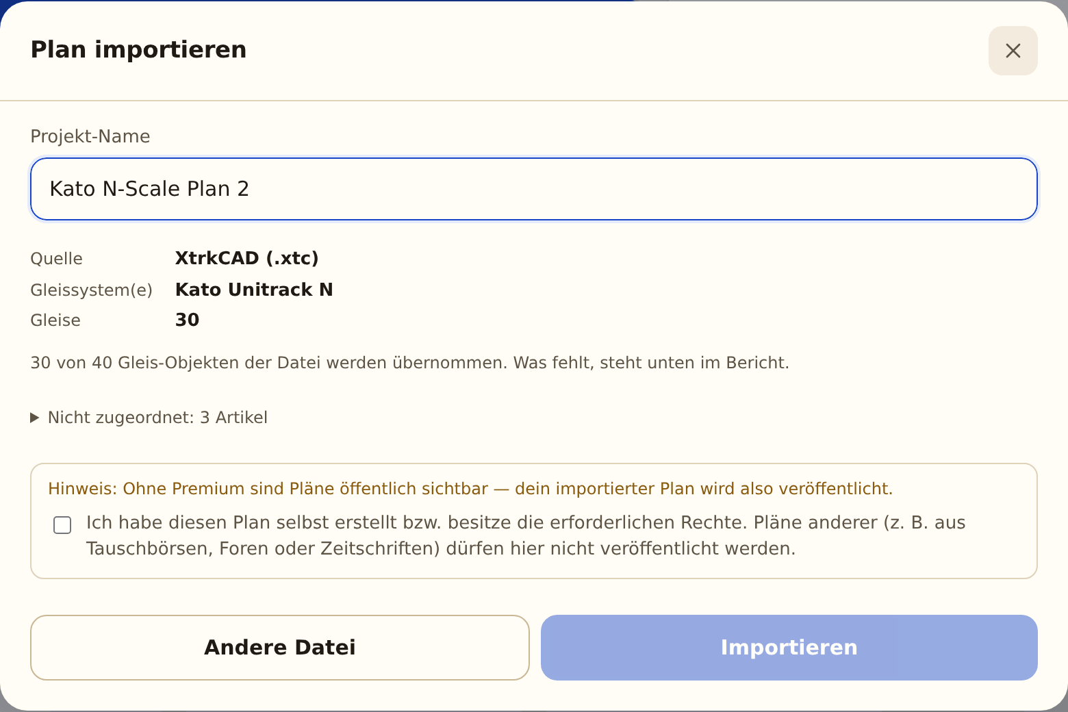 Die Import-Vorschau — System erkannt, 30 von 40 Gleis-Objekten der Datei werden übernommen